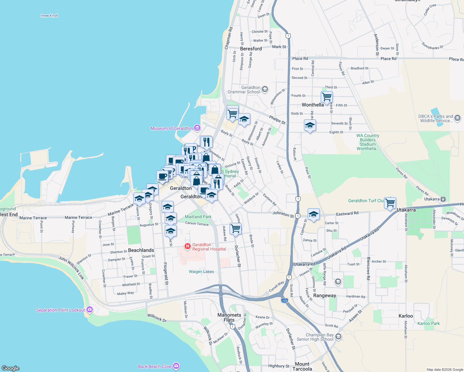map of restaurants, bars, coffee shops, grocery stores, and more near 3B Kelly Street in Geraldton