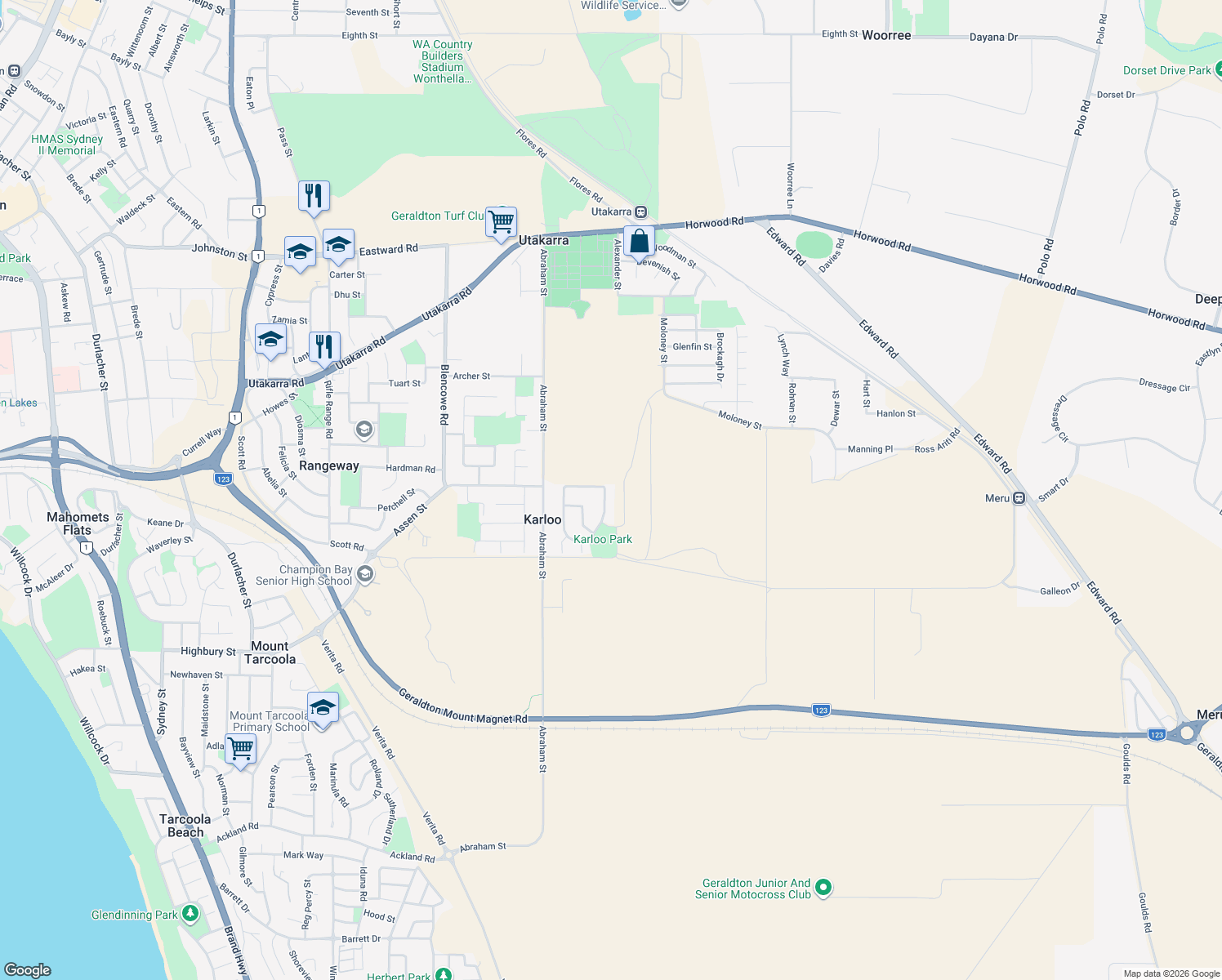 map of restaurants, bars, coffee shops, grocery stores, and more near 46 Solomon Circle in Karloo