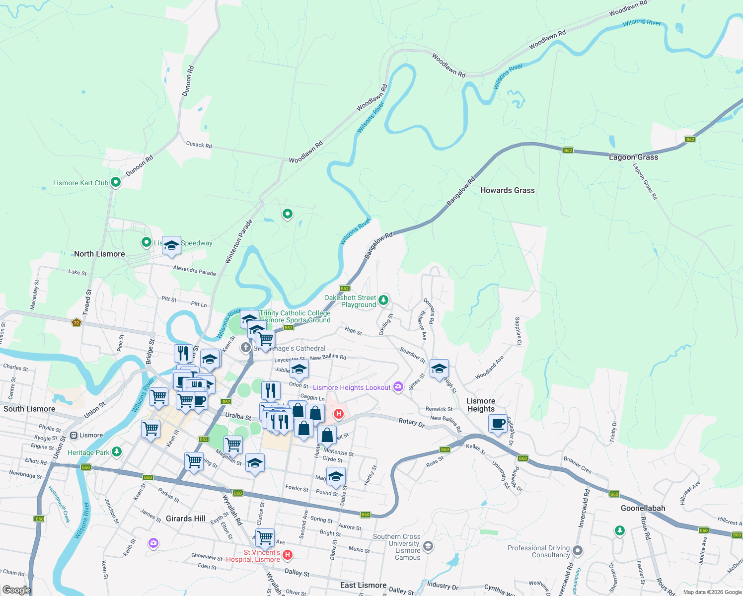 map of restaurants, bars, coffee shops, grocery stores, and more near 29 Carolina Street in Lismore Heights