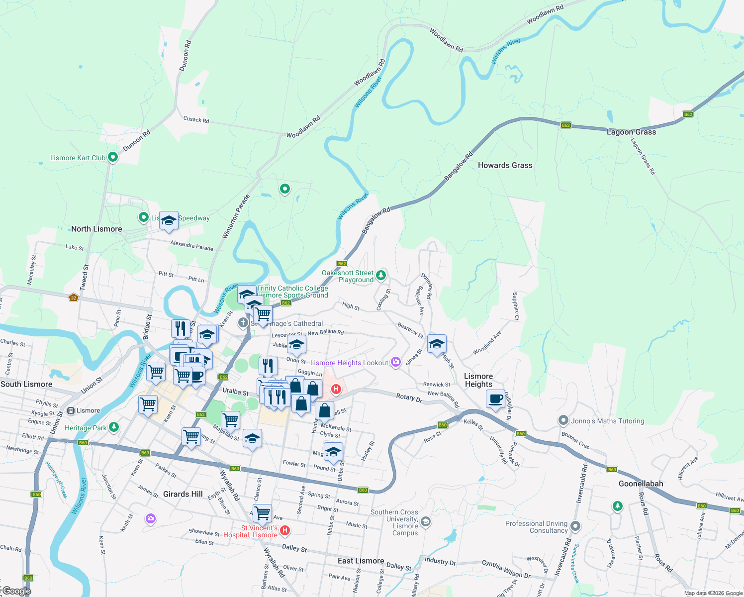 map of restaurants, bars, coffee shops, grocery stores, and more near 25 Oakeshott Street in Lismore Heights