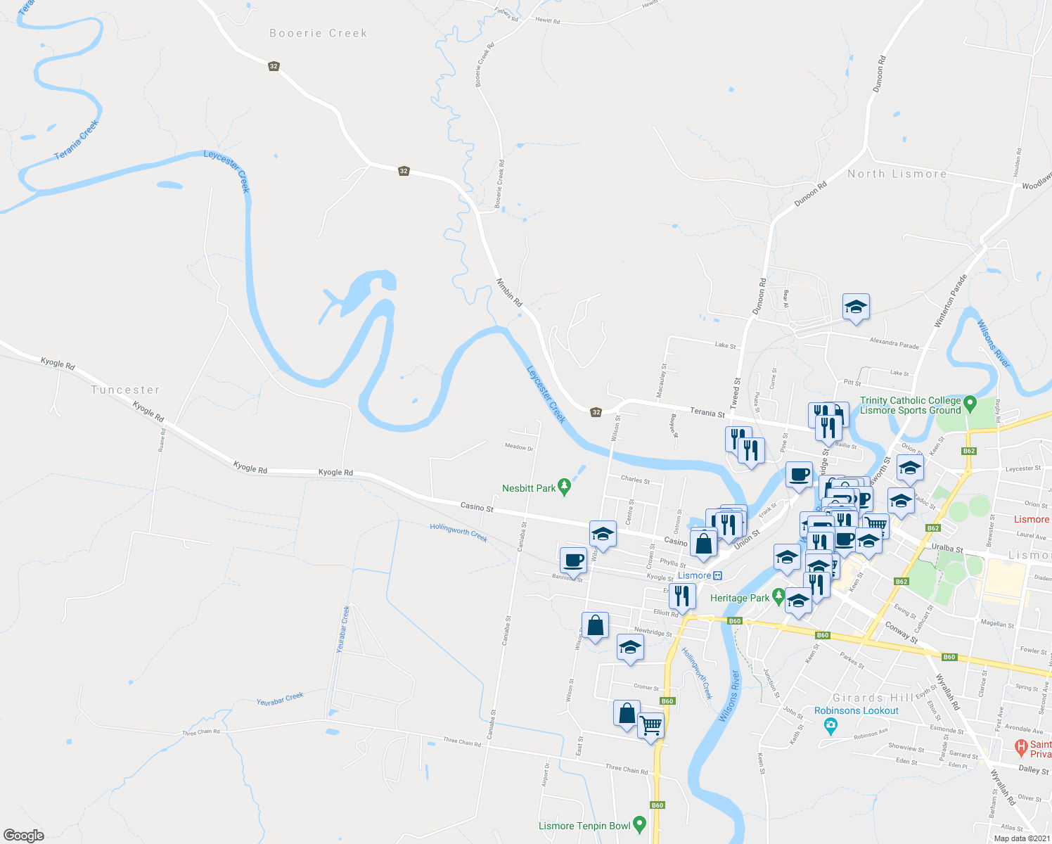 map of restaurants, bars, coffee shops, grocery stores, and more near 5 Scott Place in South Lismore