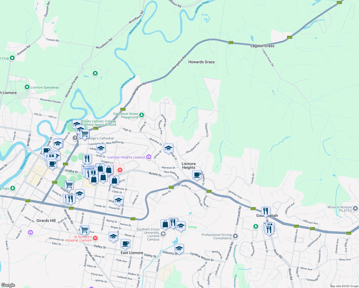 map of restaurants, bars, coffee shops, grocery stores, and more near 10A Warrick Place in Lismore Heights