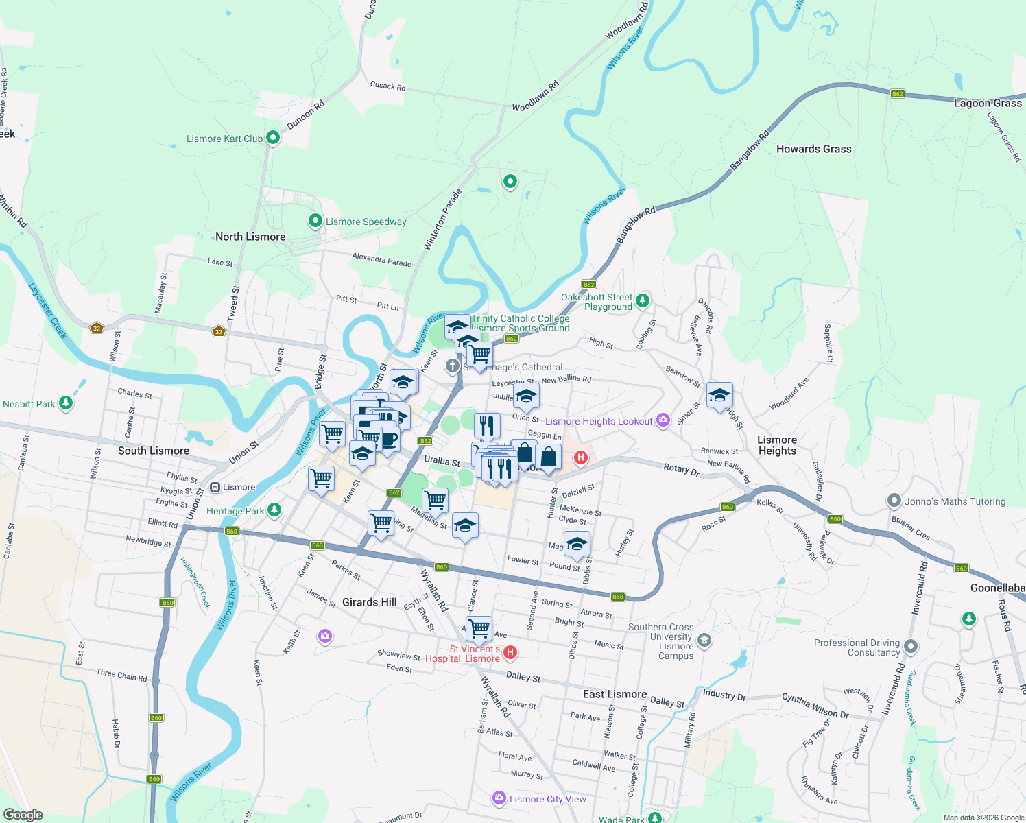 map of restaurants, bars, coffee shops, grocery stores, and more near 80 Orion Street in Lismore