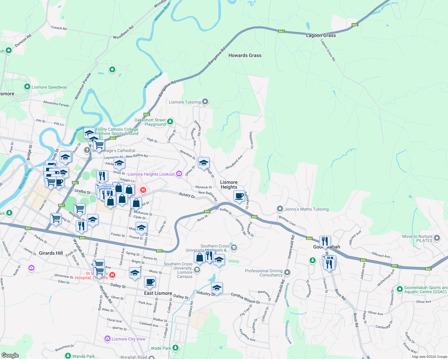 map of restaurants, bars, coffee shops, grocery stores, and more near 5 Deloraine Road in Lismore Heights