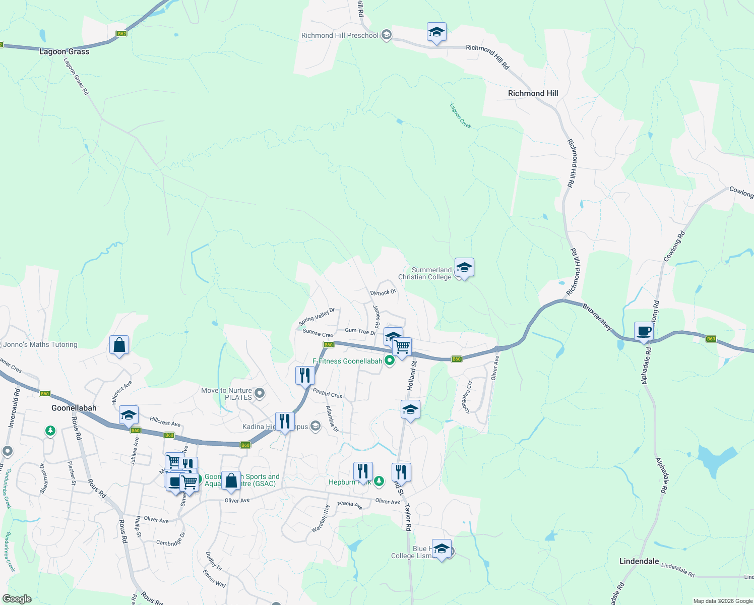 map of restaurants, bars, coffee shops, grocery stores, and more near 29 James Road in Goonellabah