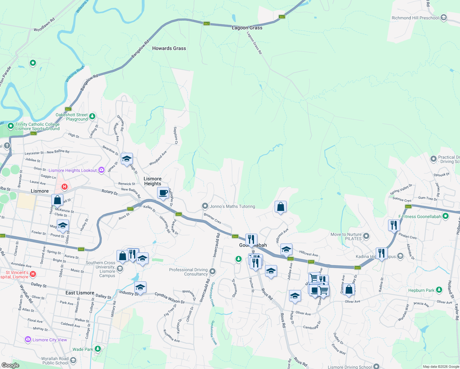 map of restaurants, bars, coffee shops, grocery stores, and more near 4 Knox Place in Goonellabah