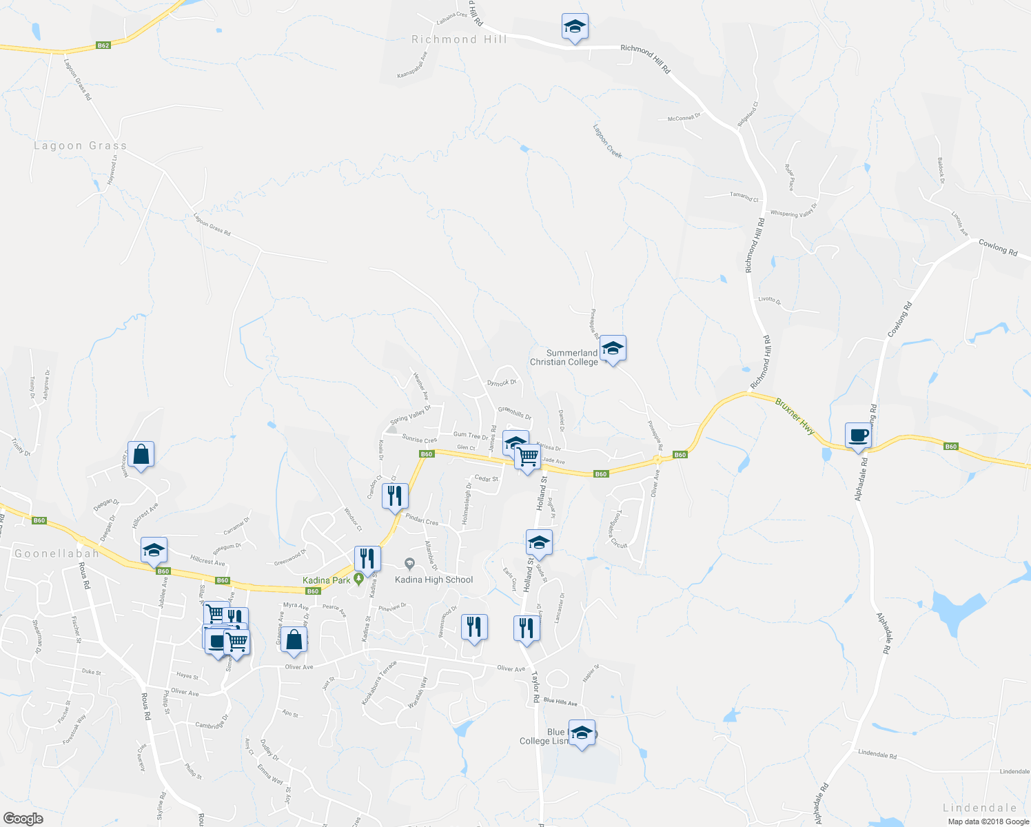 map of restaurants, bars, coffee shops, grocery stores, and more near 14 Greenhills Drive in Goonellabah