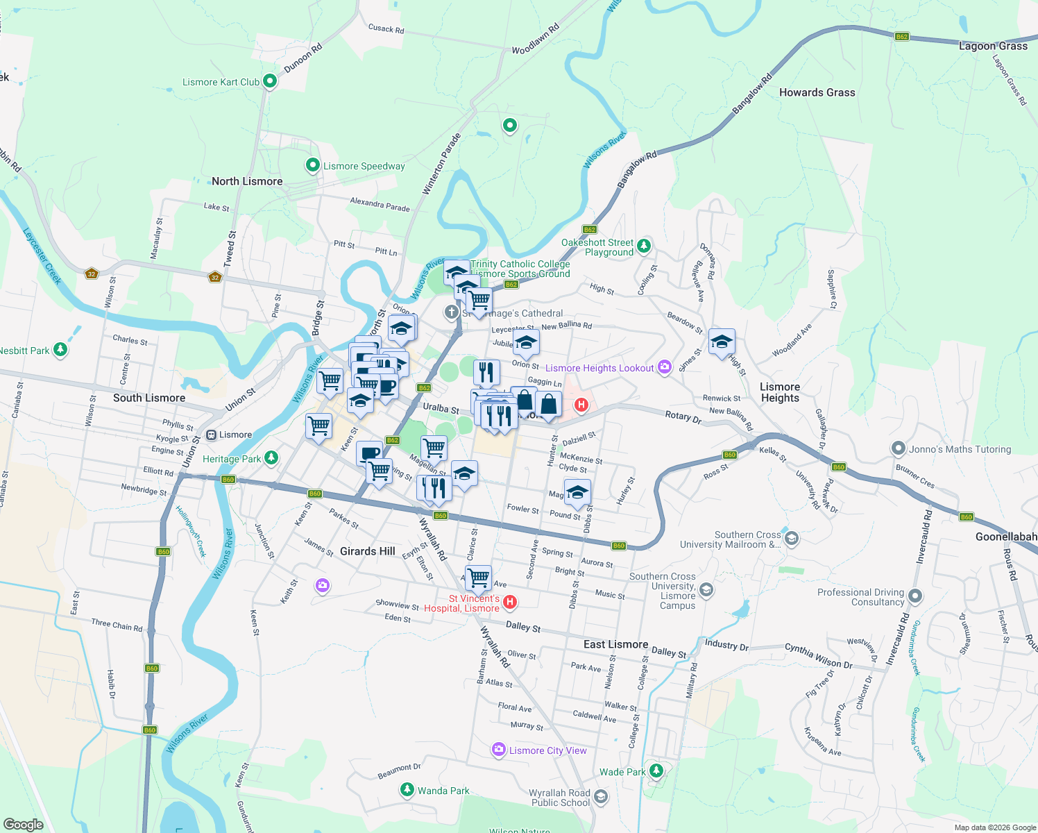 map of restaurants, bars, coffee shops, grocery stores, and more near in Lismore