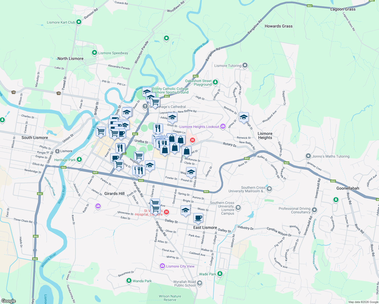 map of restaurants, bars, coffee shops, grocery stores, and more near 12 Dalziell Street in Lismore