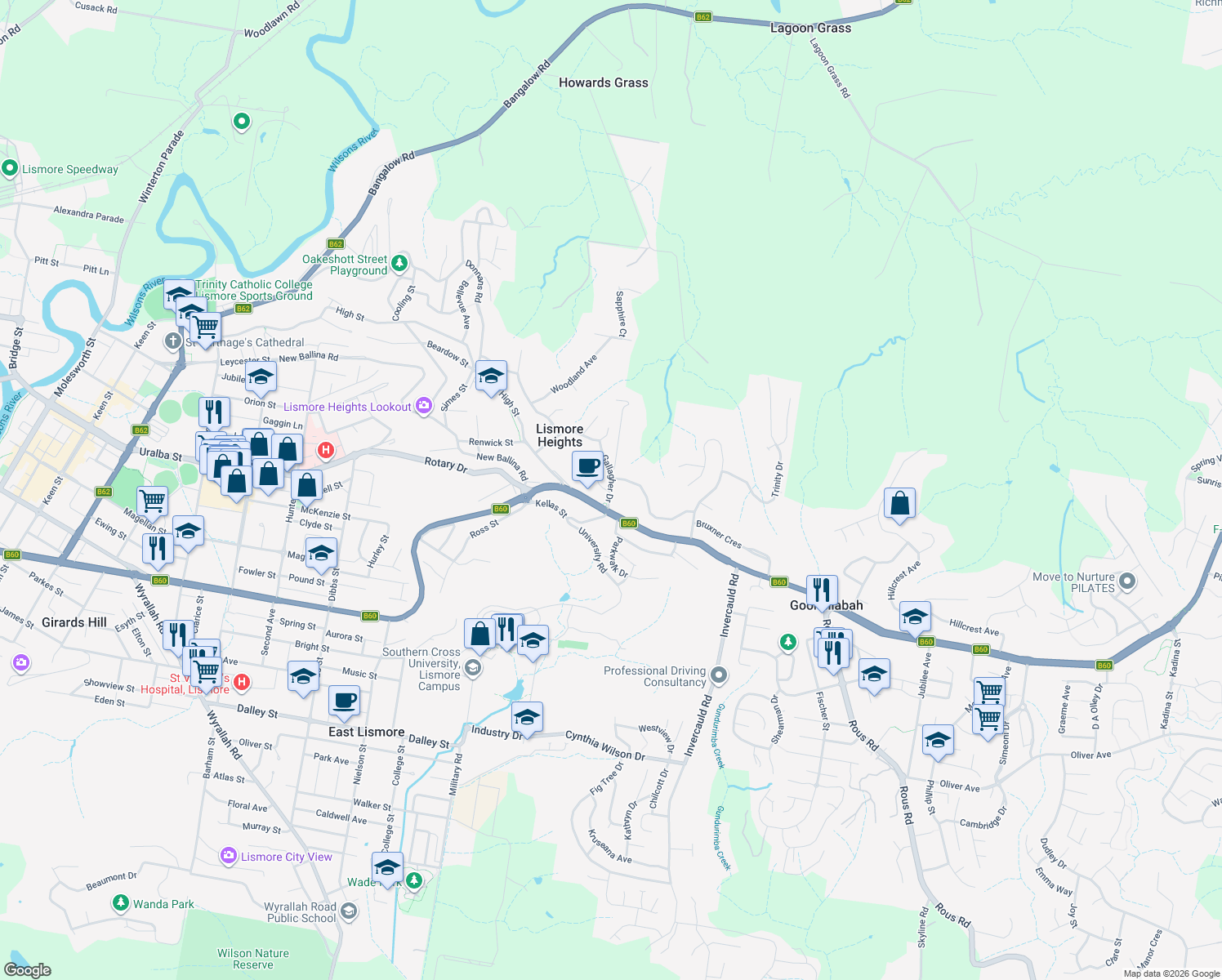 map of restaurants, bars, coffee shops, grocery stores, and more near 7 Gallagher Drive in Lismore Heights