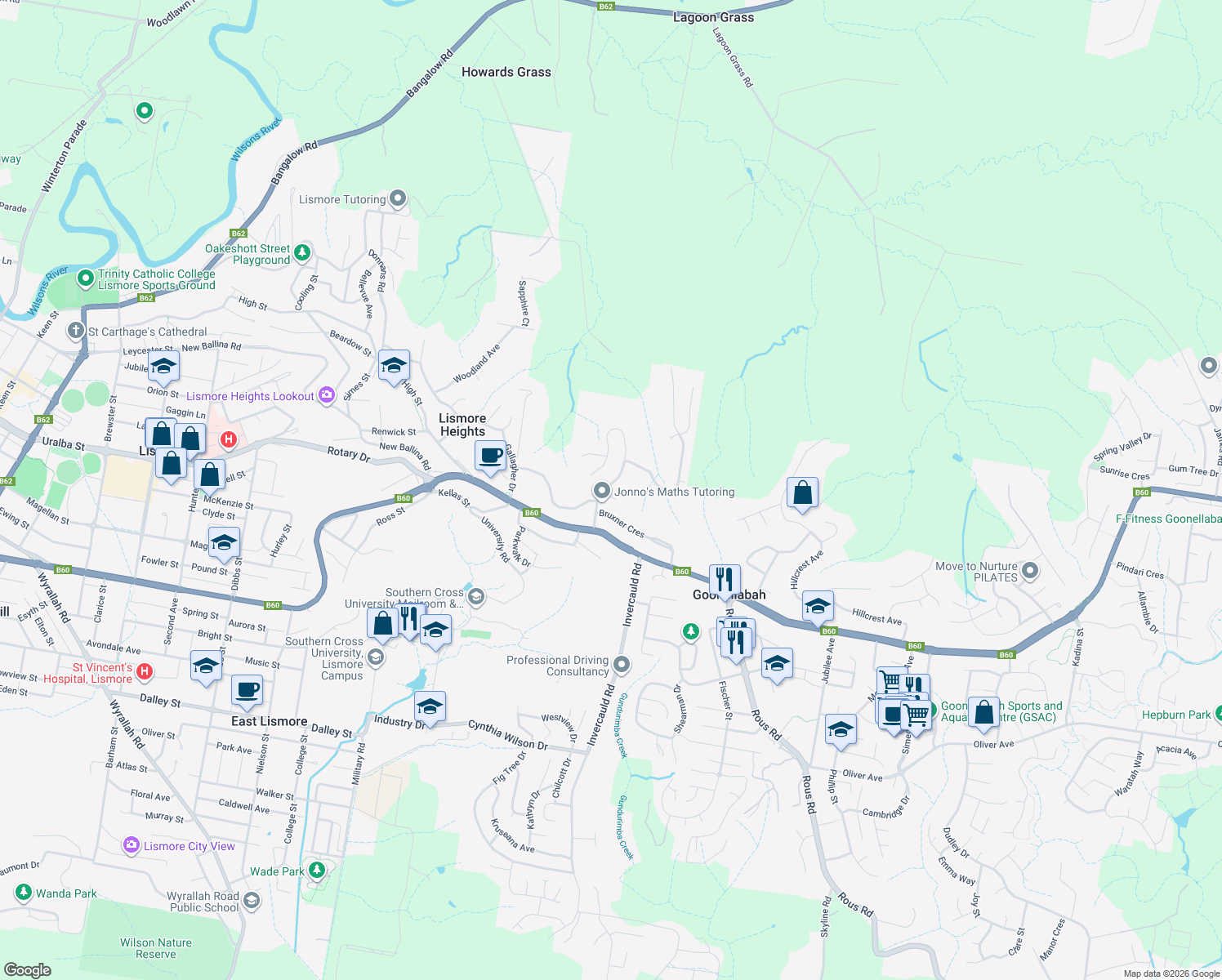 map of restaurants, bars, coffee shops, grocery stores, and more near 65 Mountain View Drive in Goonellabah