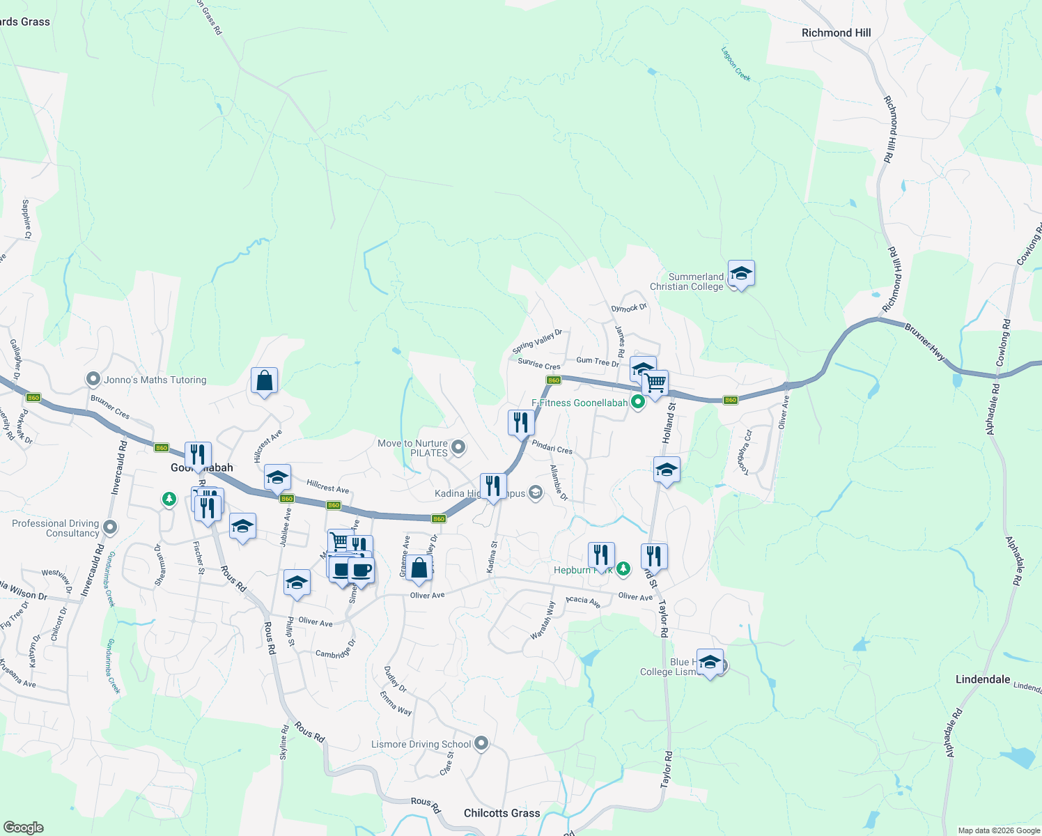 map of restaurants, bars, coffee shops, grocery stores, and more near 13 Hilltop Close in Goonellabah