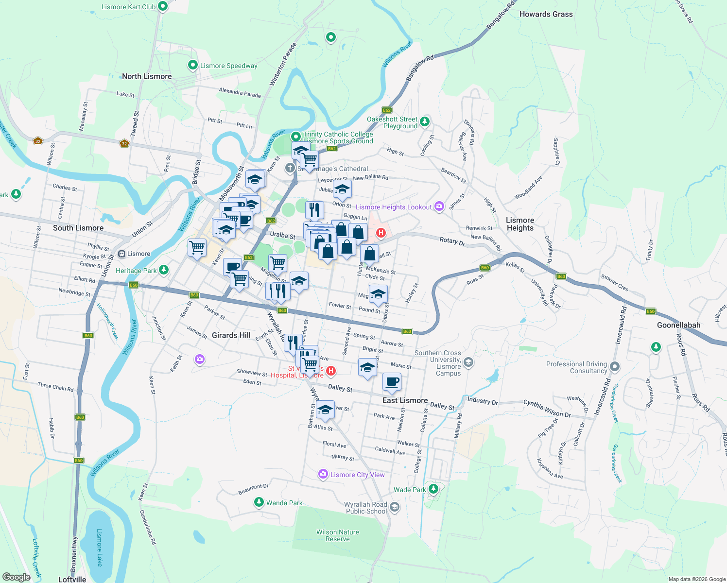 map of restaurants, bars, coffee shops, grocery stores, and more near 256 Magellan Street in Lismore