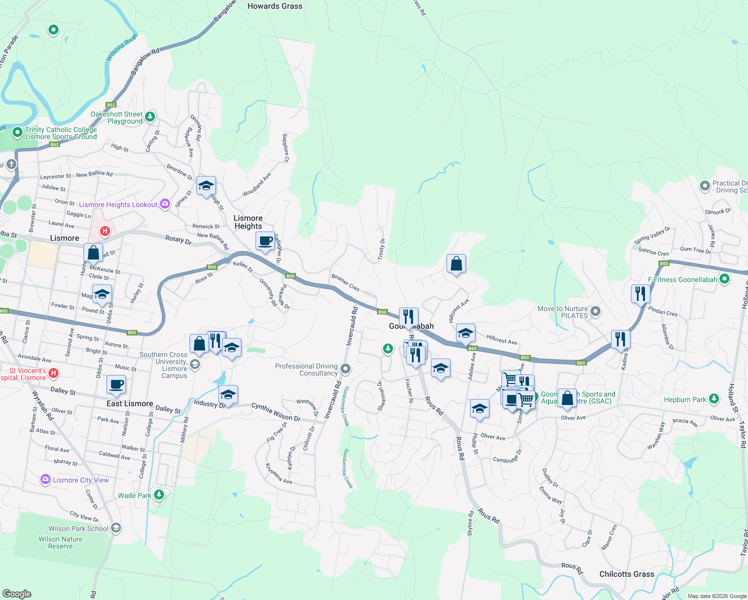 map of restaurants, bars, coffee shops, grocery stores, and more near 49 Bruxner Crescent in Goonellabah