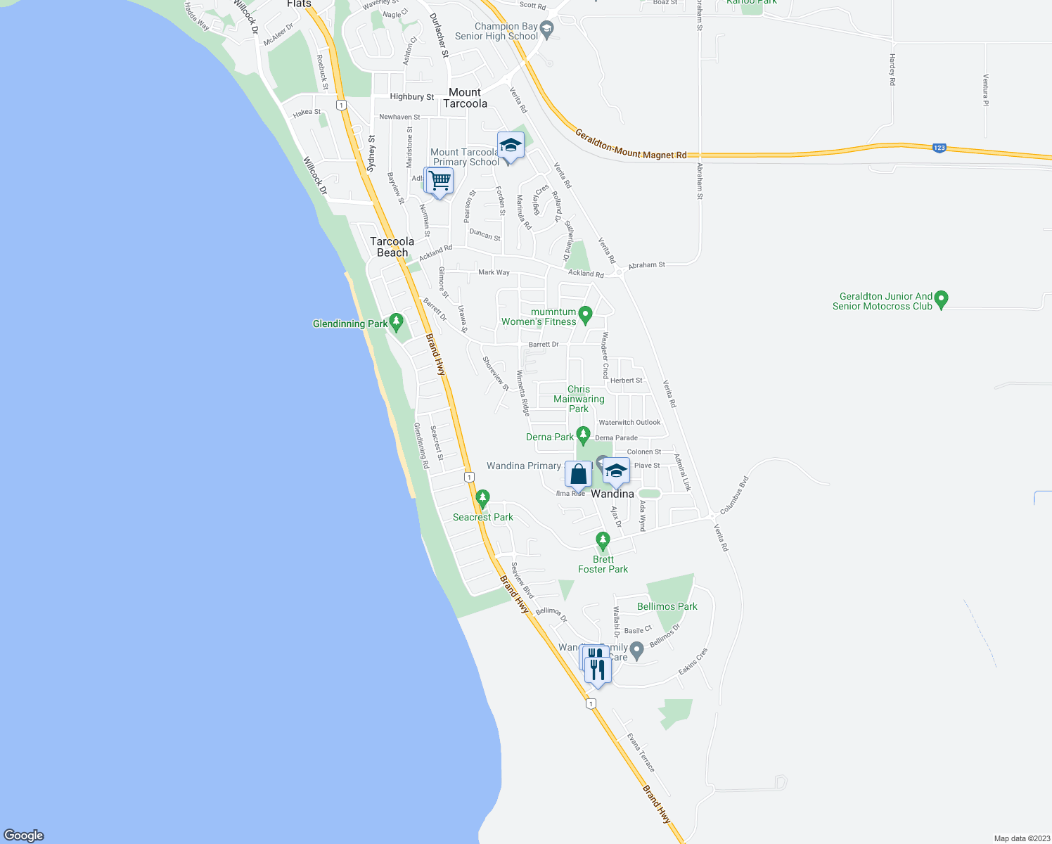 map of restaurants, bars, coffee shops, grocery stores, and more near 82 Winnetta Ridge in Wandina