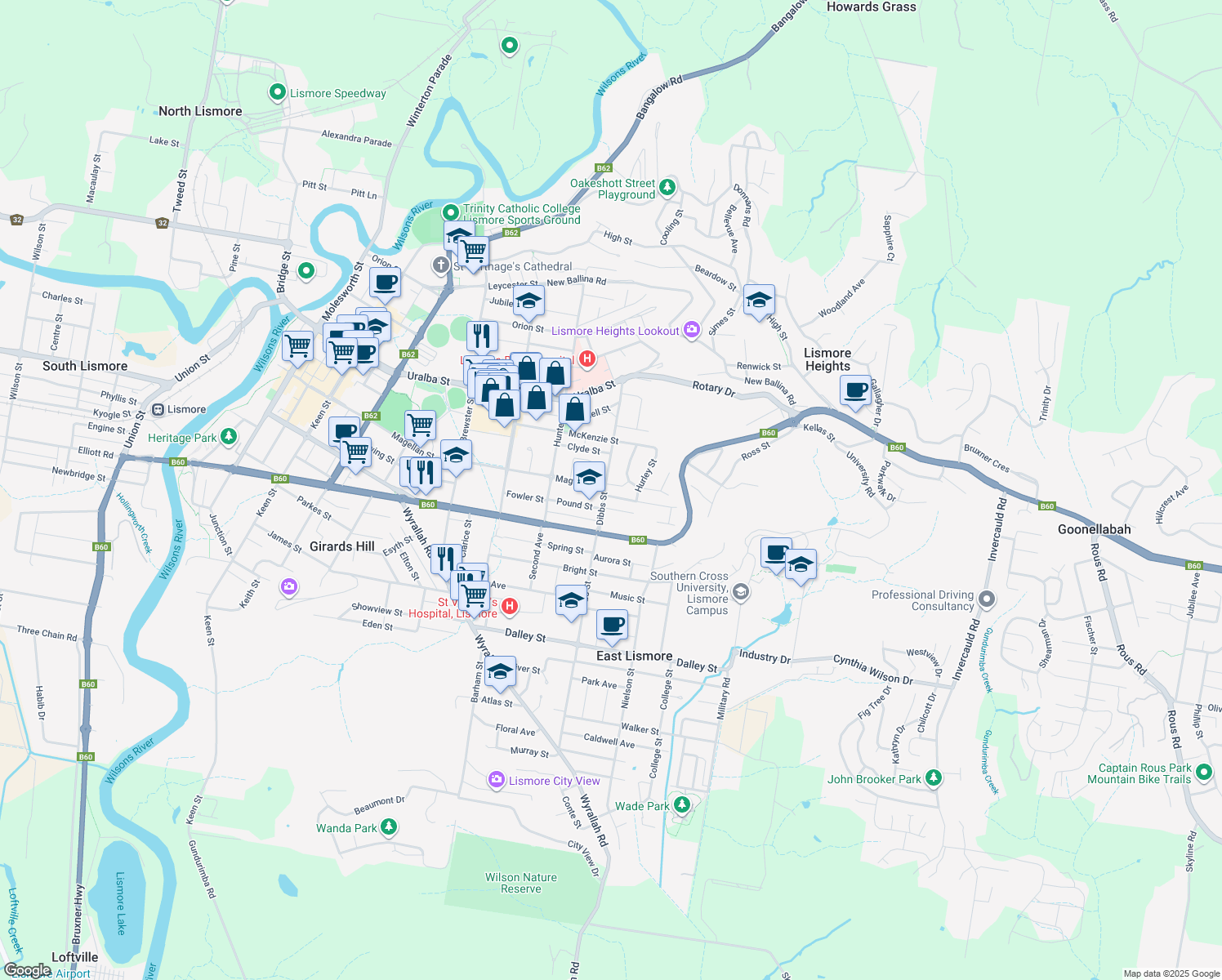 map of restaurants, bars, coffee shops, grocery stores, and more near 74 Dibbs Street in Lismore