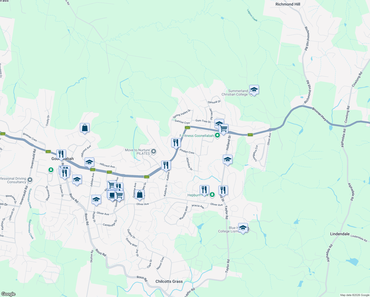 map of restaurants, bars, coffee shops, grocery stores, and more near 3 Mackellar Place in Goonellabah