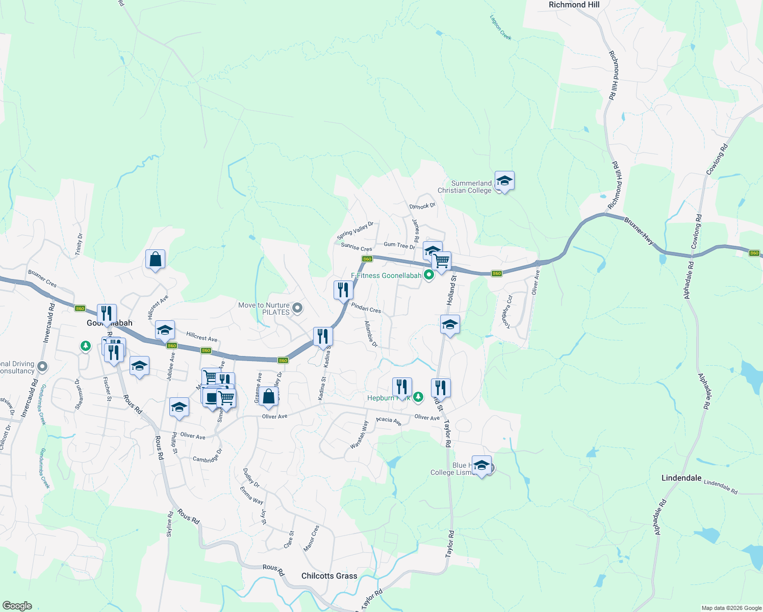 map of restaurants, bars, coffee shops, grocery stores, and more near 3 Sarah Court in Goonellabah