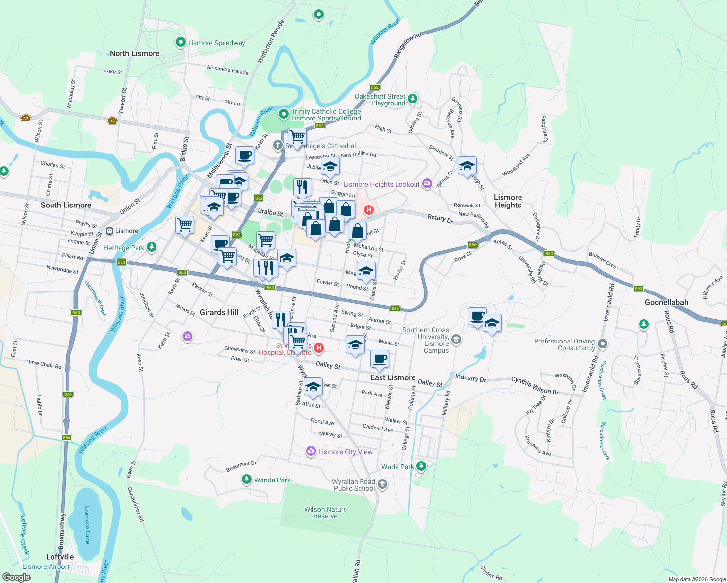 map of restaurants, bars, coffee shops, grocery stores, and more near 23 Pound Street in Lismore