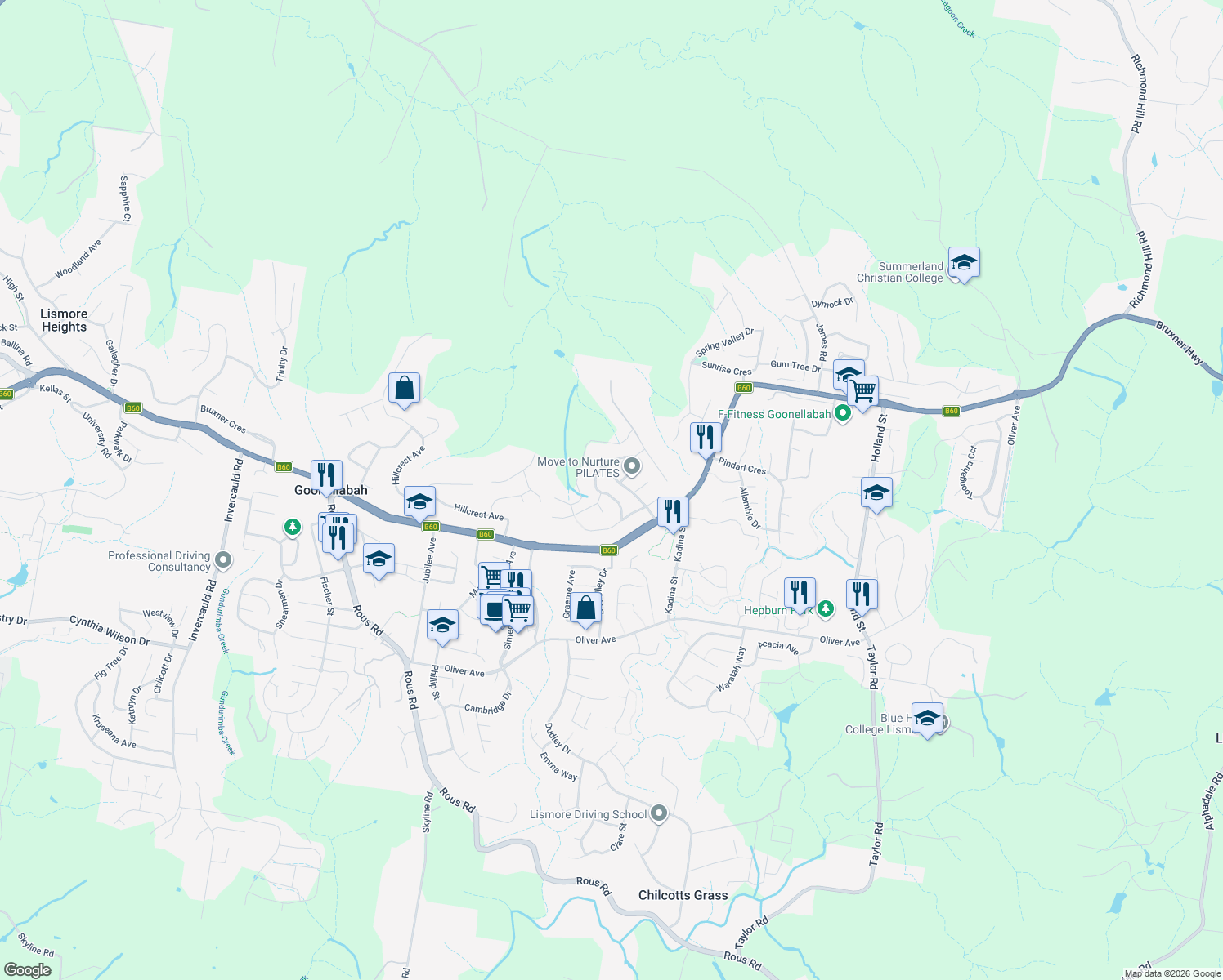 map of restaurants, bars, coffee shops, grocery stores, and more near 11 Gainsborough Way in Goonellabah