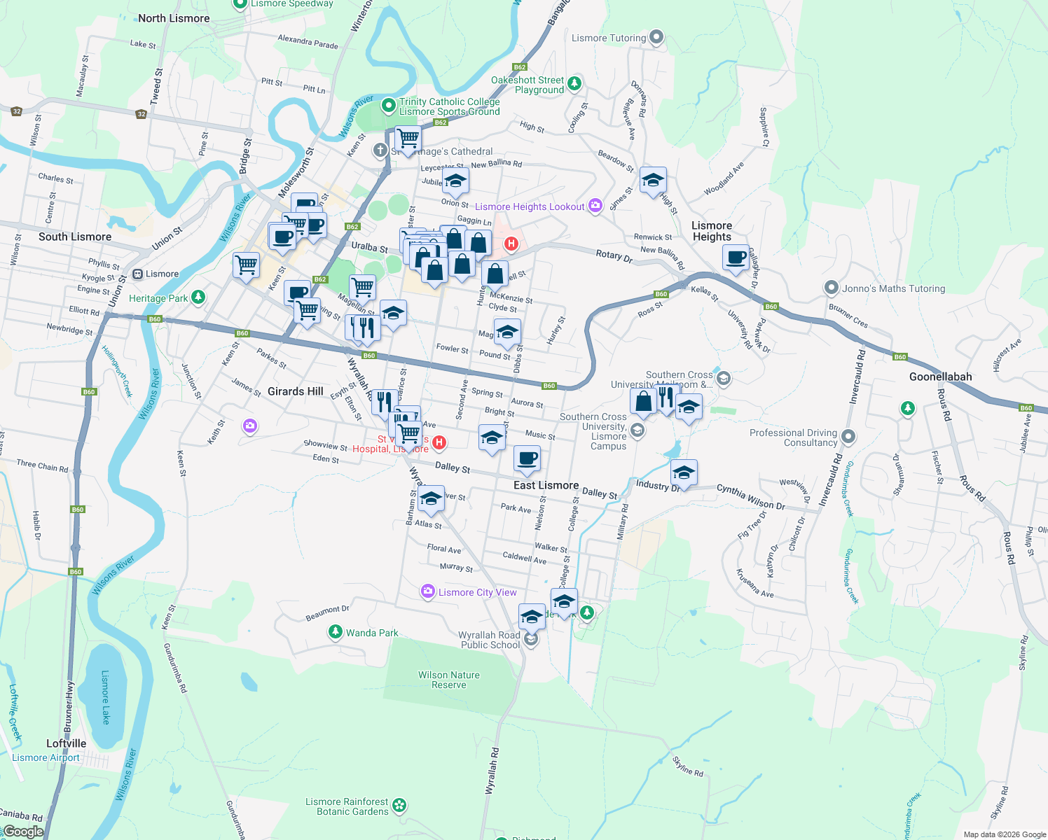 map of restaurants, bars, coffee shops, grocery stores, and more near 79 Bright Street in East Lismore