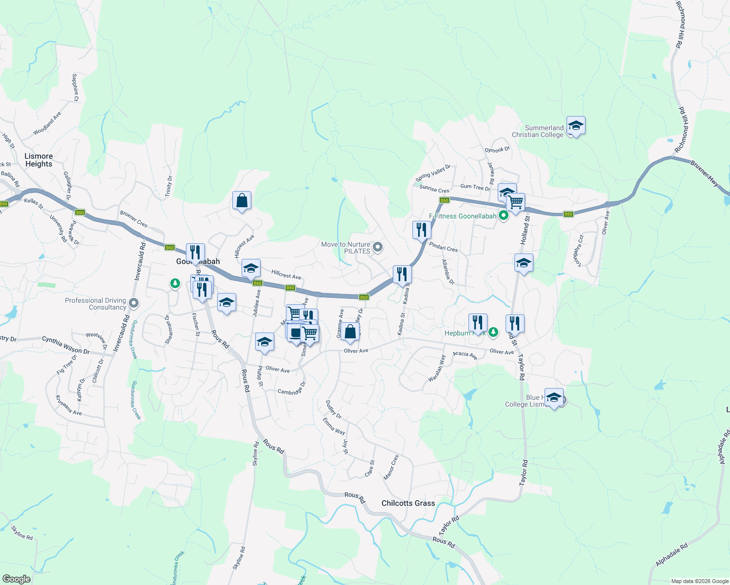 map of restaurants, bars, coffee shops, grocery stores, and more near 692 Ballina Road in Goonellabah