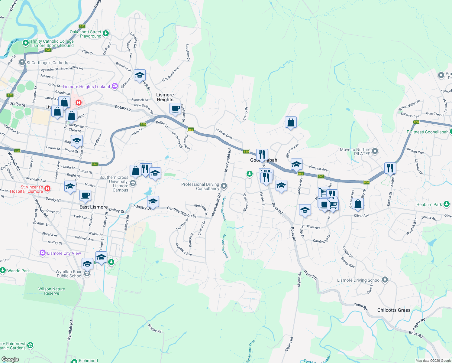map of restaurants, bars, coffee shops, grocery stores, and more near 48 Invercauld Road in Goonellabah