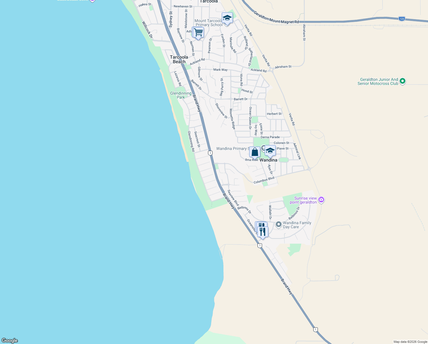 map of restaurants, bars, coffee shops, grocery stores, and more near 17 Torquay Place in Tarcoola Beach