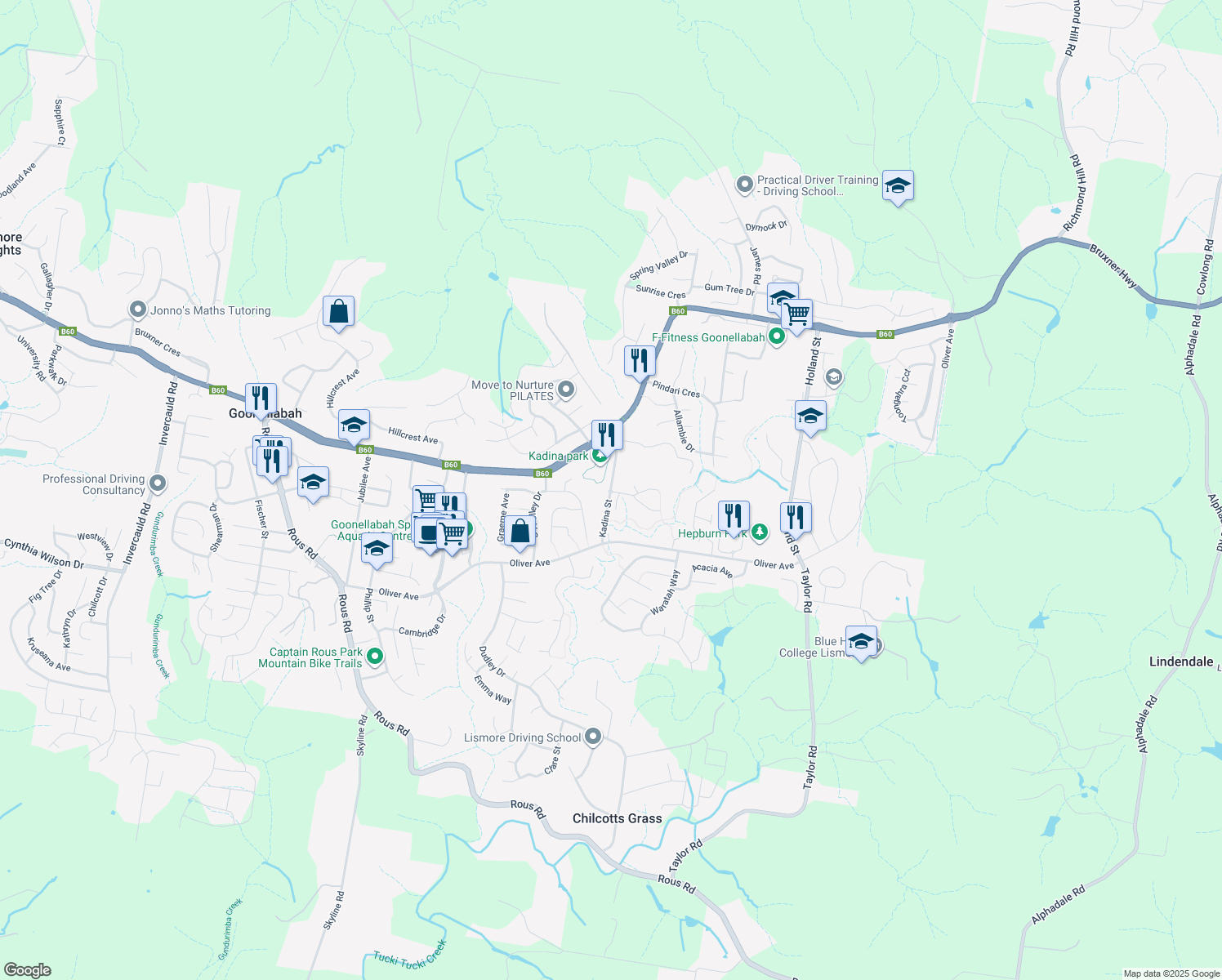 map of restaurants, bars, coffee shops, grocery stores, and more near Kadina Street in Goonellabah
