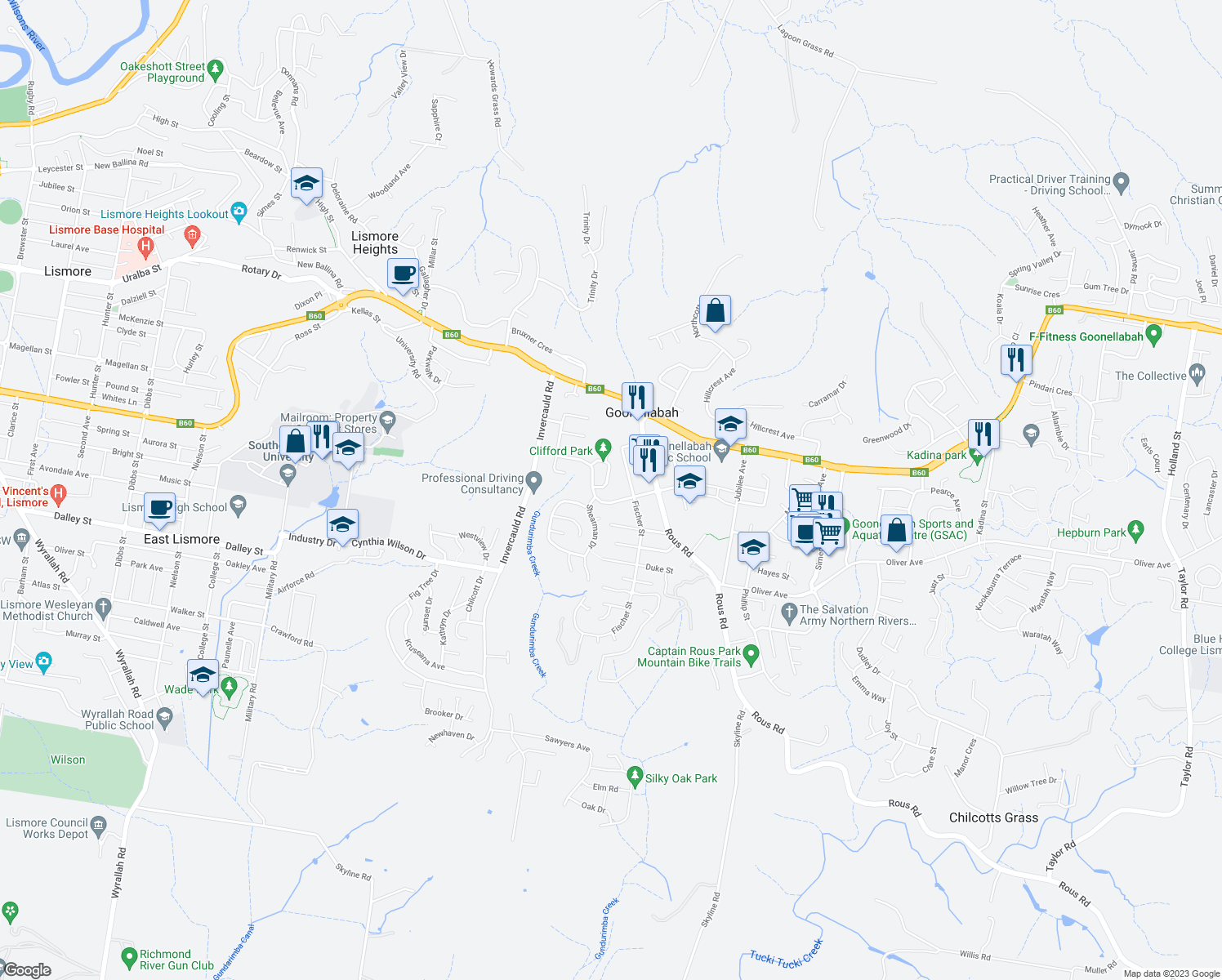 map of restaurants, bars, coffee shops, grocery stores, and more near 18 Cassia Crescent in Goonellabah