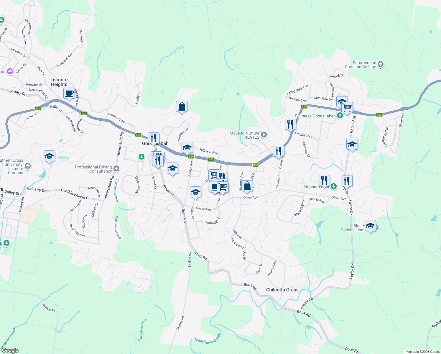 map of restaurants, bars, coffee shops, grocery stores, and more near 7 Allingham Place in Goonellabah