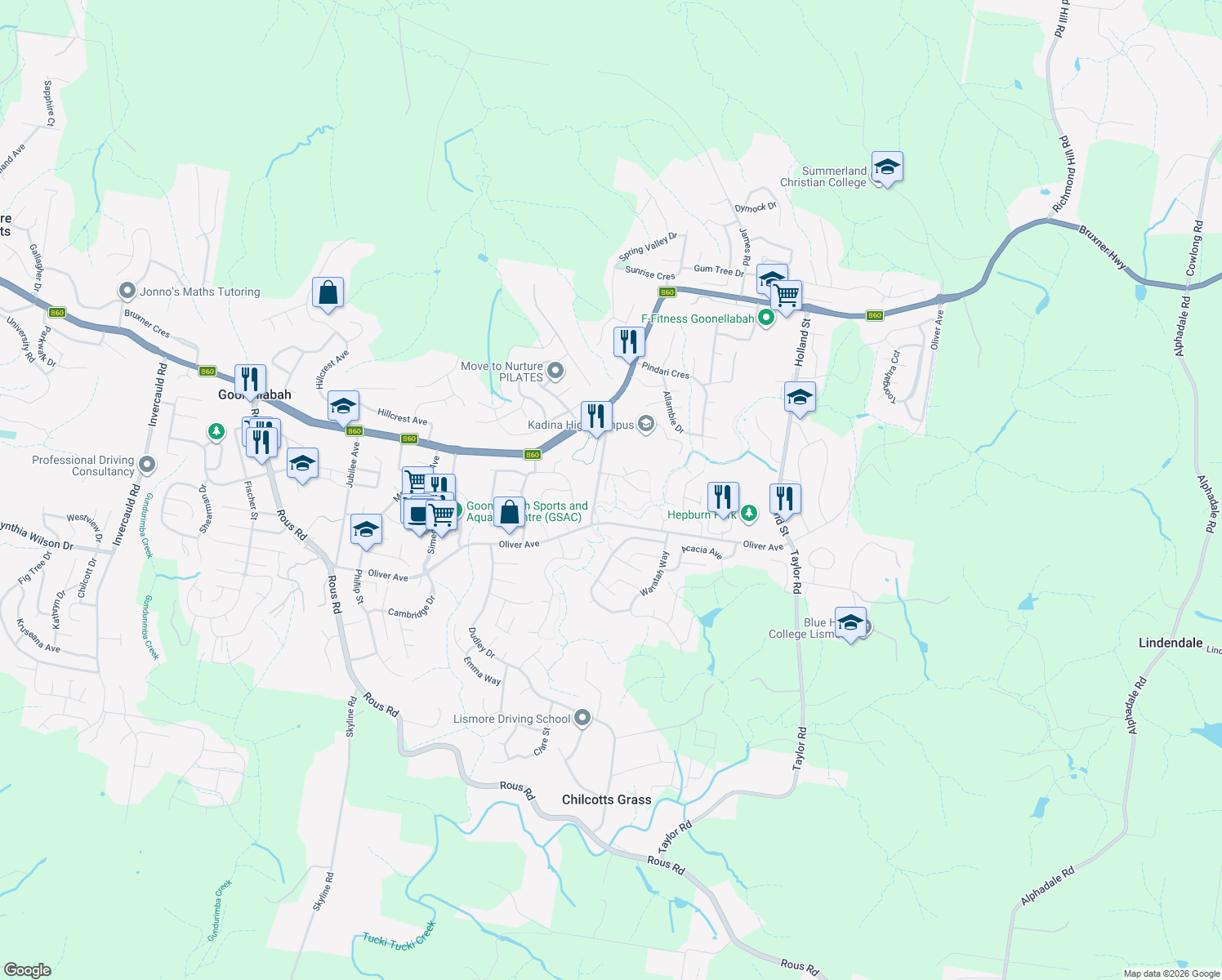 map of restaurants, bars, coffee shops, grocery stores, and more near 1 Pineview Drive in Goonellabah