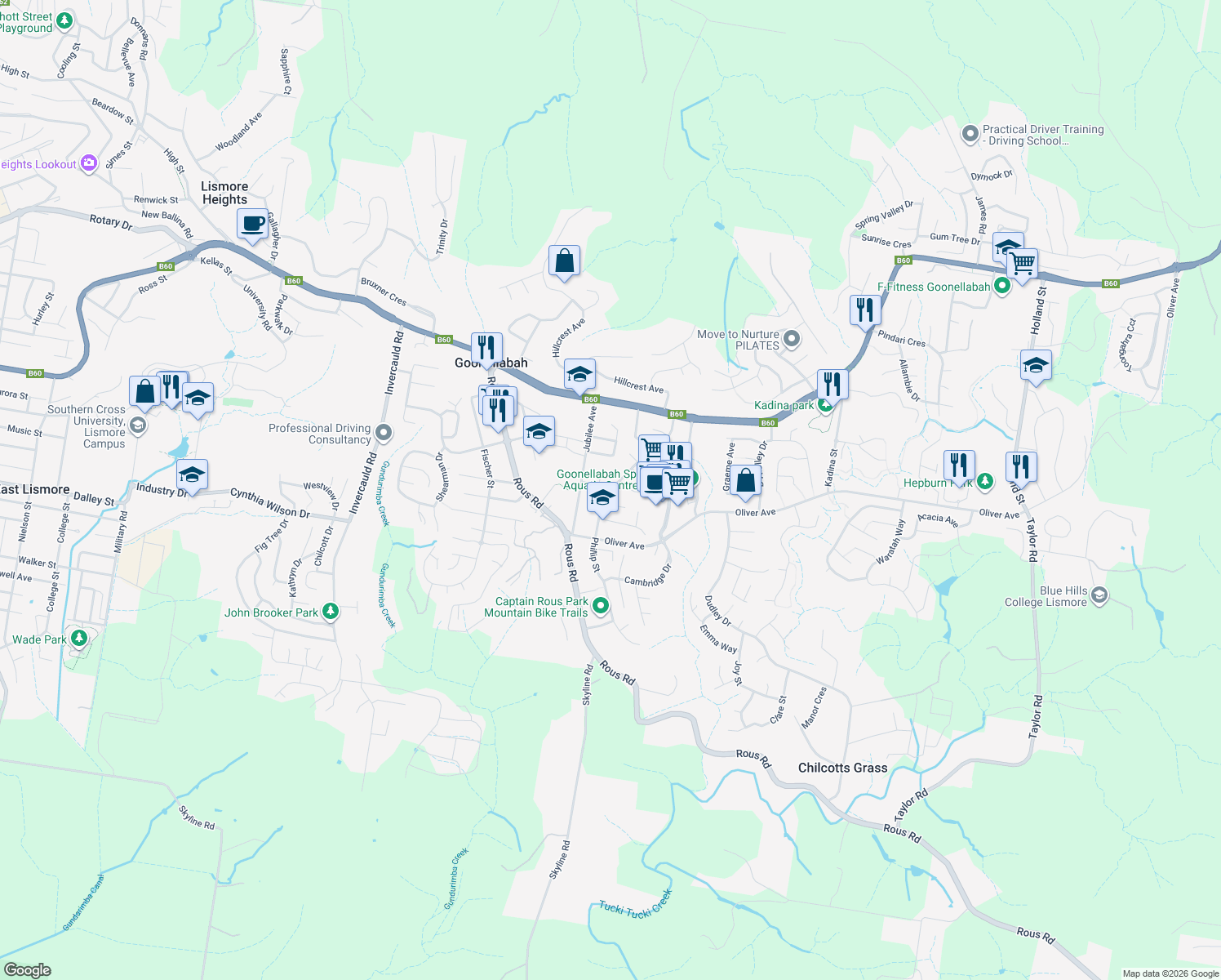 map of restaurants, bars, coffee shops, grocery stores, and more near 2A Phillip Street in Goonellabah