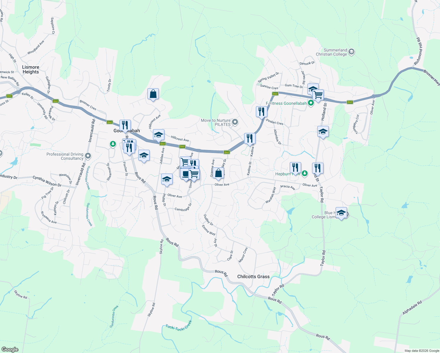 map of restaurants, bars, coffee shops, grocery stores, and more near 3 Graeme Avenue in Goonellabah