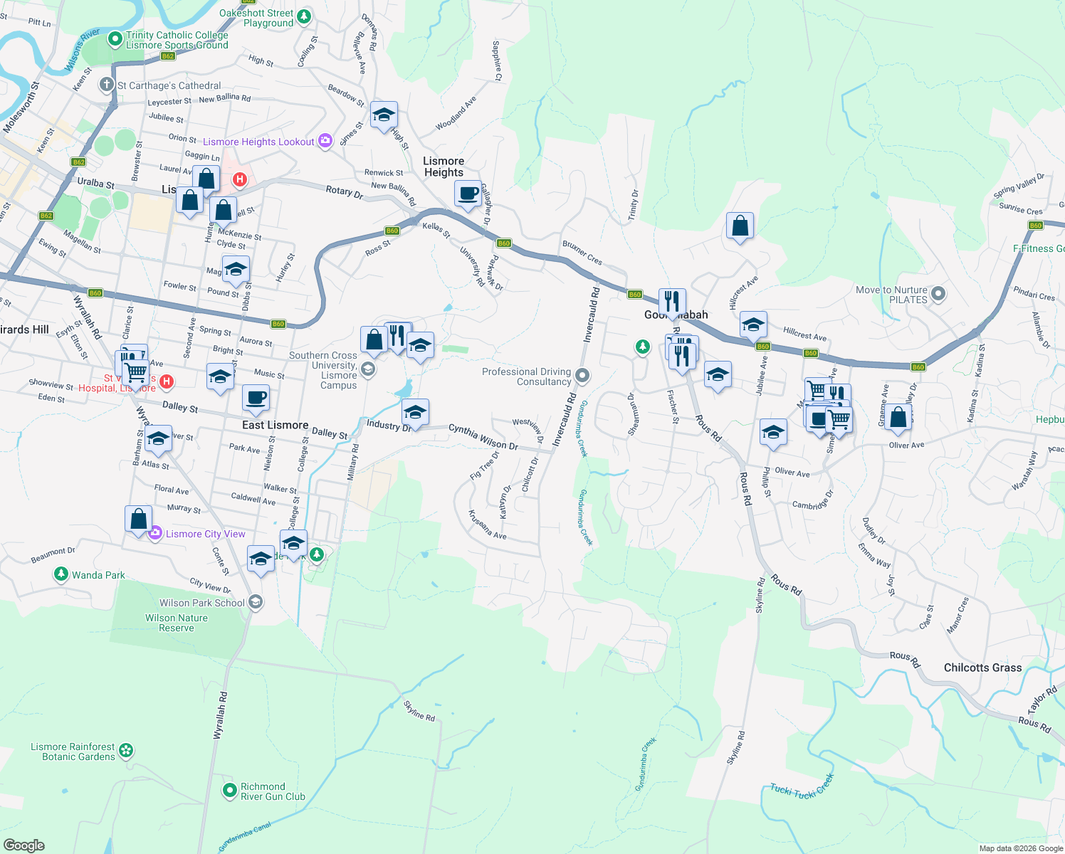 map of restaurants, bars, coffee shops, grocery stores, and more near 10 Westview Drive in Goonellabah