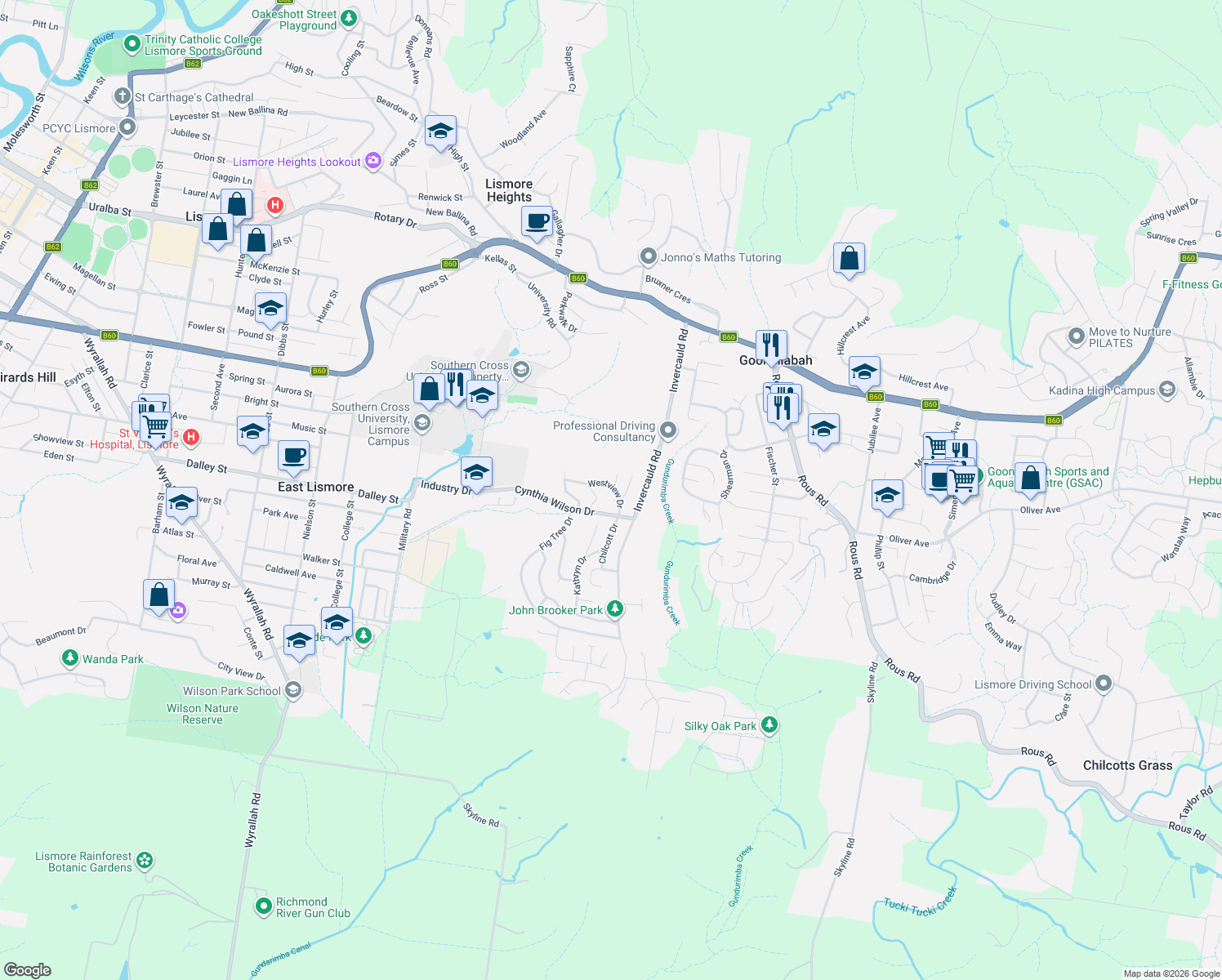 map of restaurants, bars, coffee shops, grocery stores, and more near 10 Westview Drive in Goonellabah