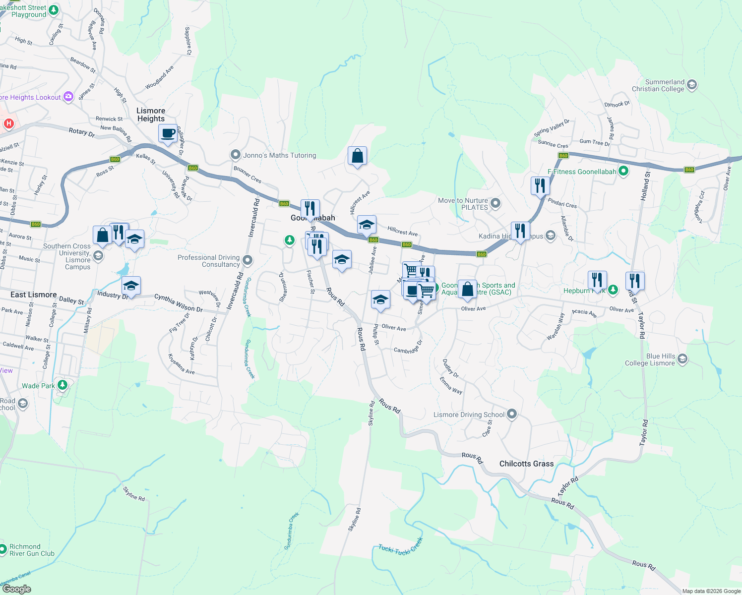 map of restaurants, bars, coffee shops, grocery stores, and more near 42 Jubilee Avenue in Goonellabah