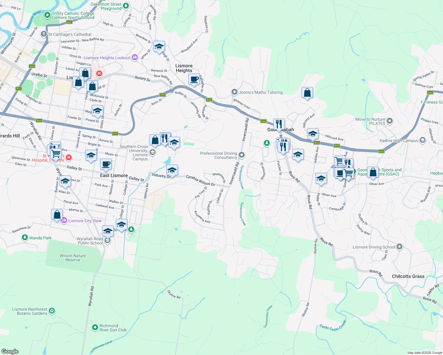 map of restaurants, bars, coffee shops, grocery stores, and more near 8 Westview Drive in Goonellabah
