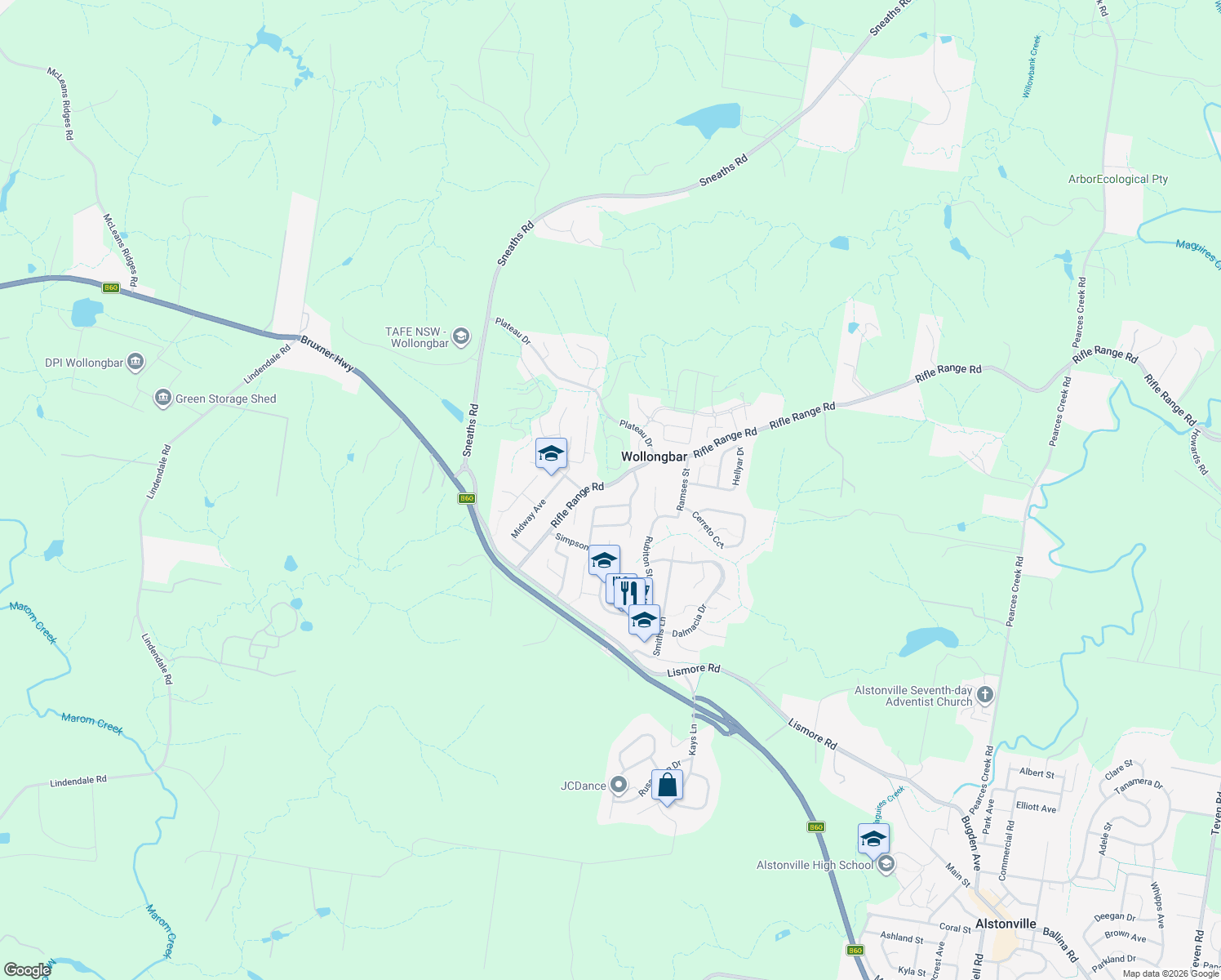 map of restaurants, bars, coffee shops, grocery stores, and more near 44 Rifle Range Road in Wollongbar