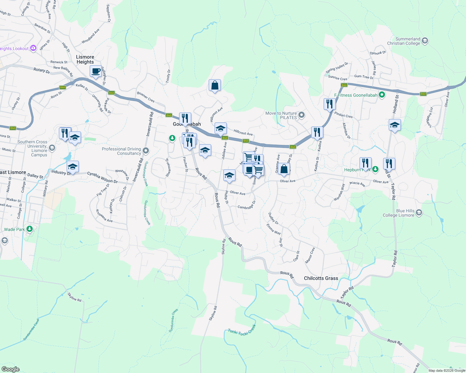 map of restaurants, bars, coffee shops, grocery stores, and more near 5 Hayes Street in Goonellabah