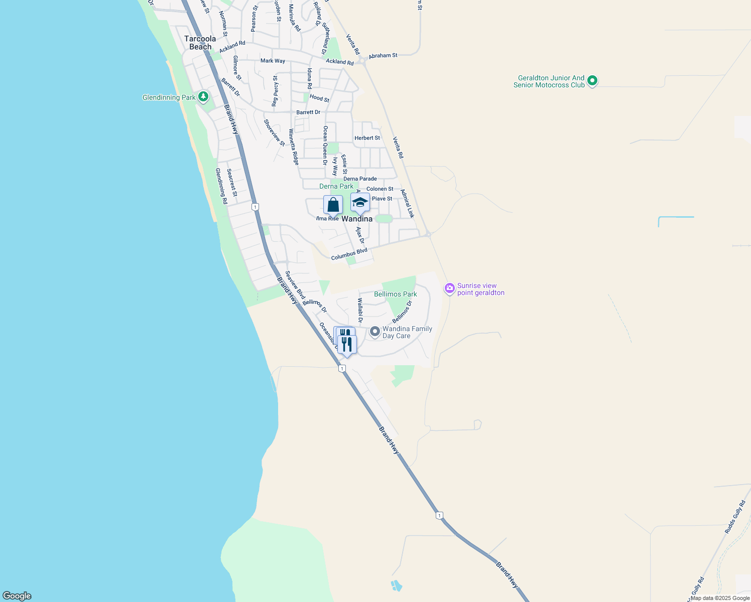 map of restaurants, bars, coffee shops, grocery stores, and more near 26 Jackson Loop in Wandina