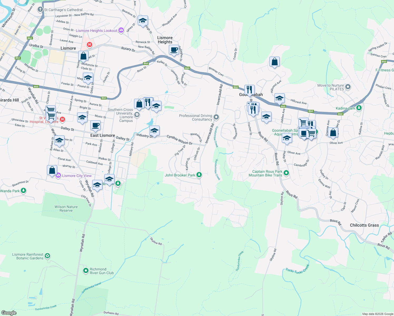 map of restaurants, bars, coffee shops, grocery stores, and more near 20 Chilcott Drive in Goonellabah