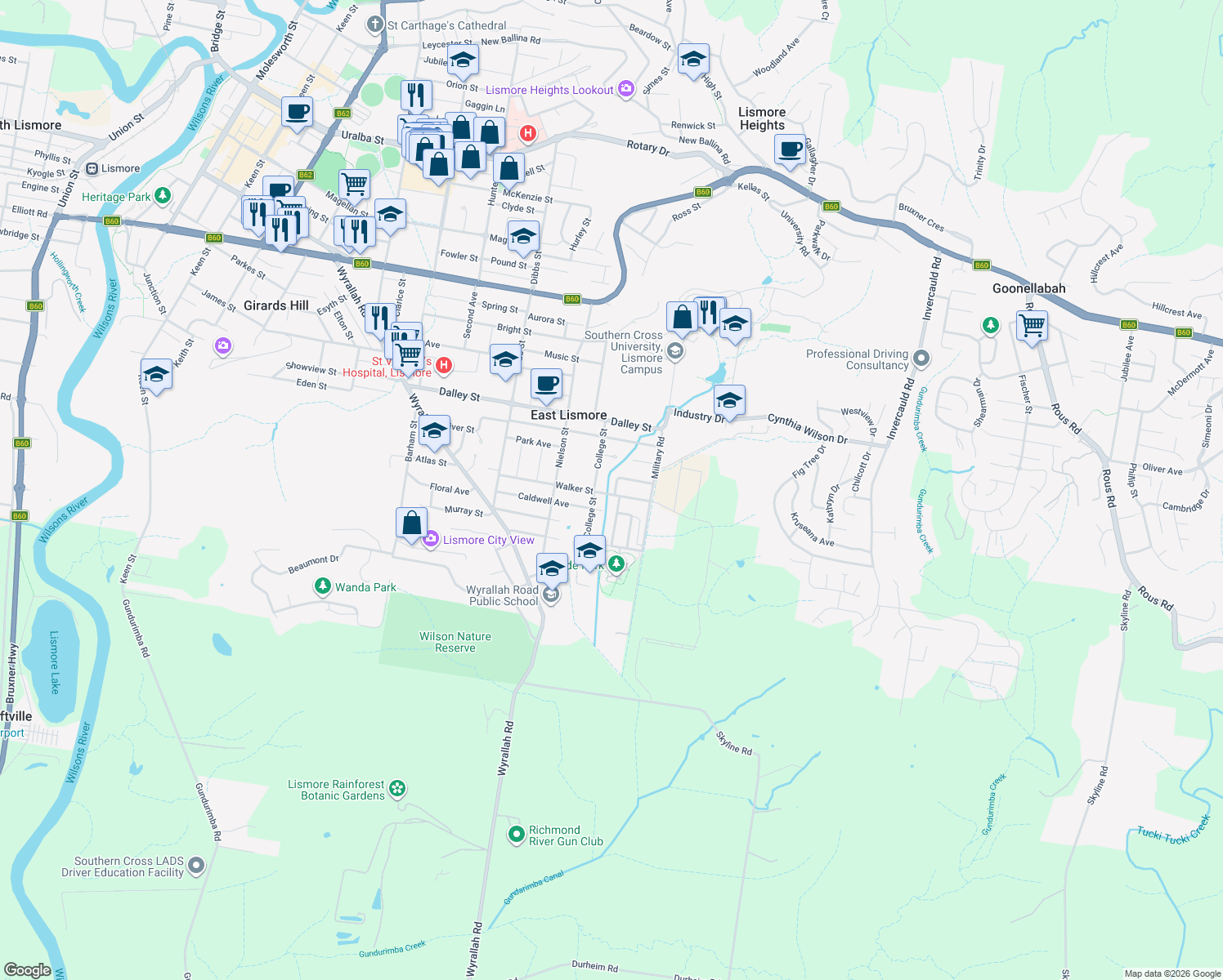 map of restaurants, bars, coffee shops, grocery stores, and more near 82 Walker Street in East Lismore