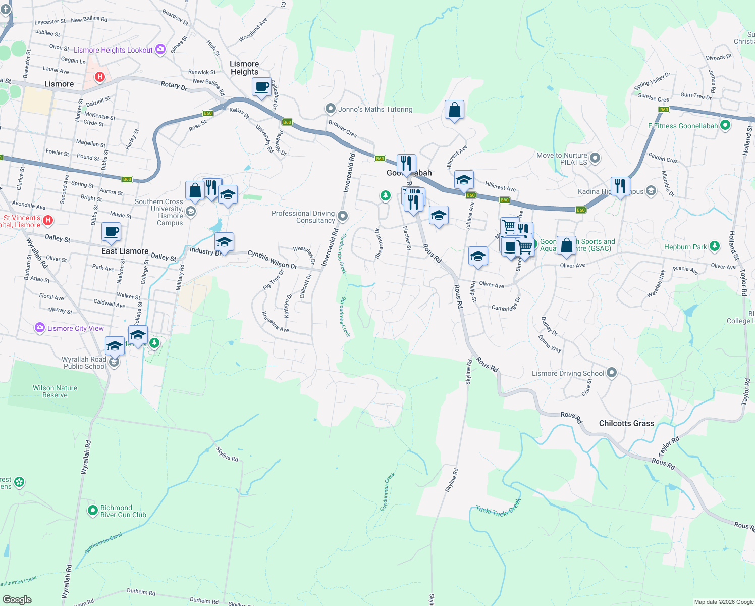 map of restaurants, bars, coffee shops, grocery stores, and more near 9 Ironbark Court in Goonellabah