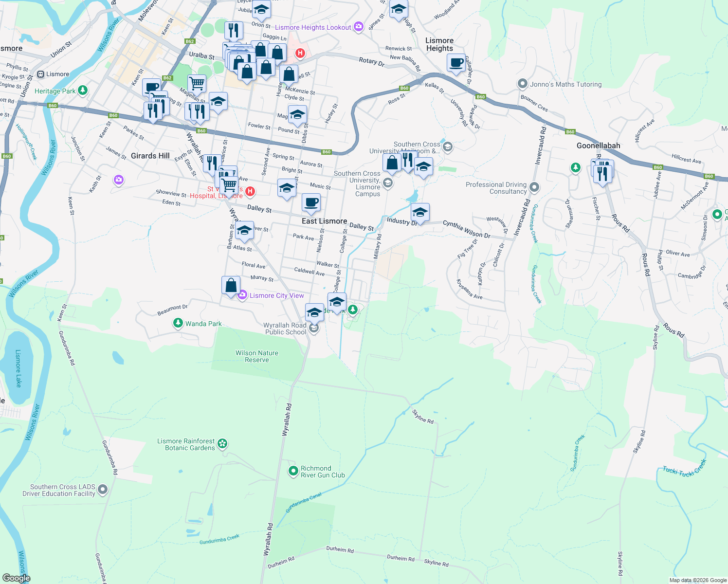 map of restaurants, bars, coffee shops, grocery stores, and more near 18 Marlyn Avenue in East Lismore