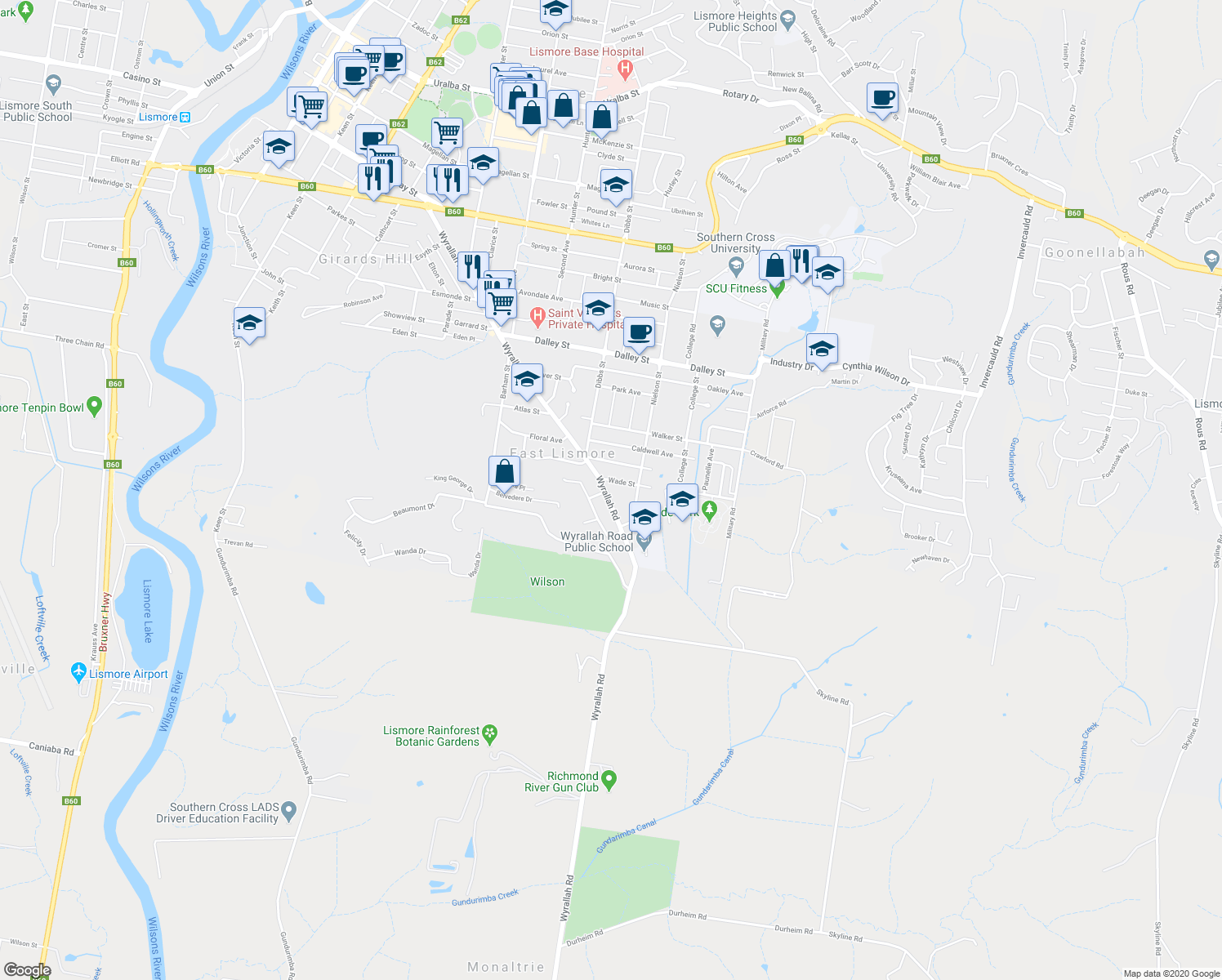 map of restaurants, bars, coffee shops, grocery stores, and more near 1 Wade Street in East Lismore