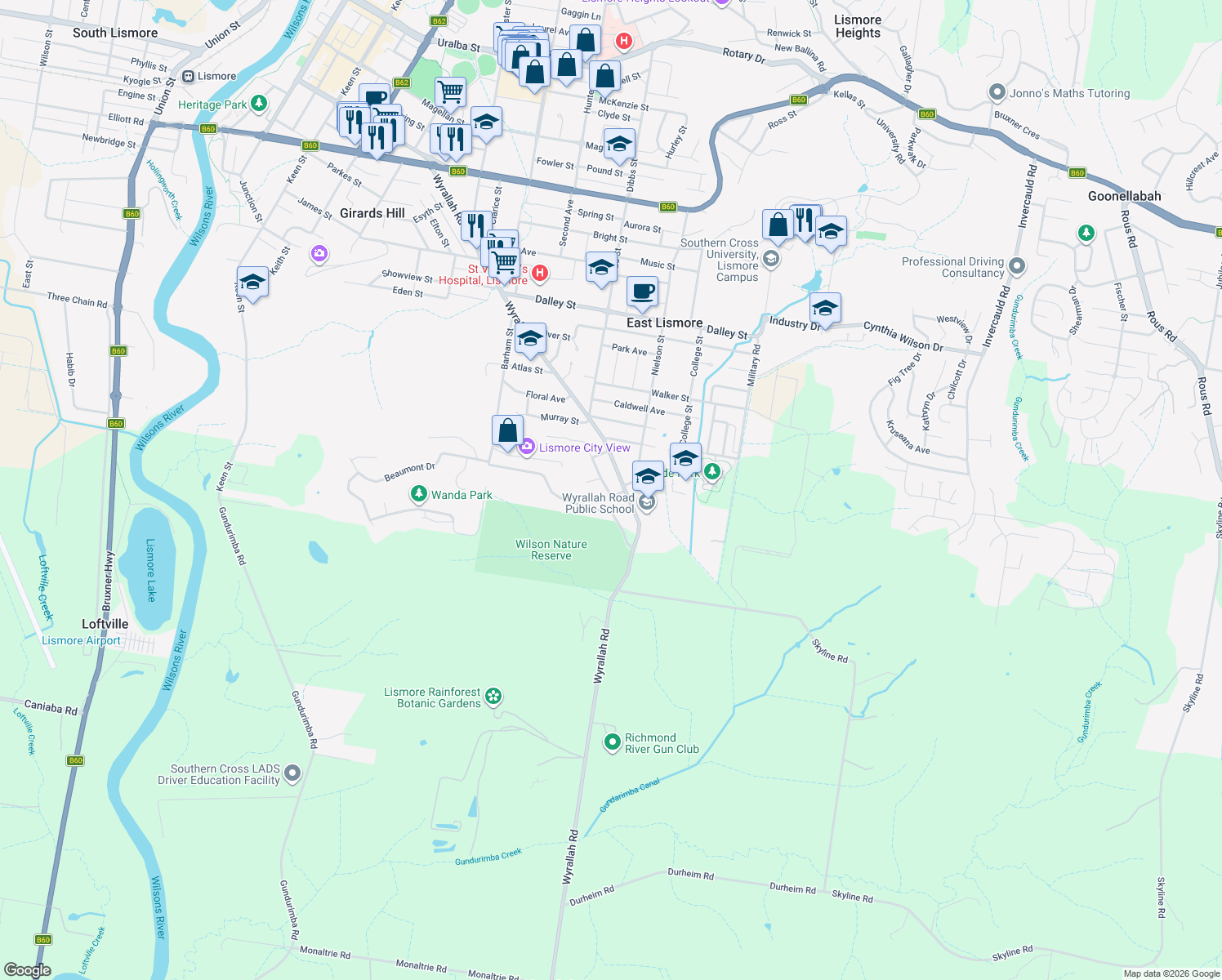 map of restaurants, bars, coffee shops, grocery stores, and more near 3 Conte Street in East Lismore