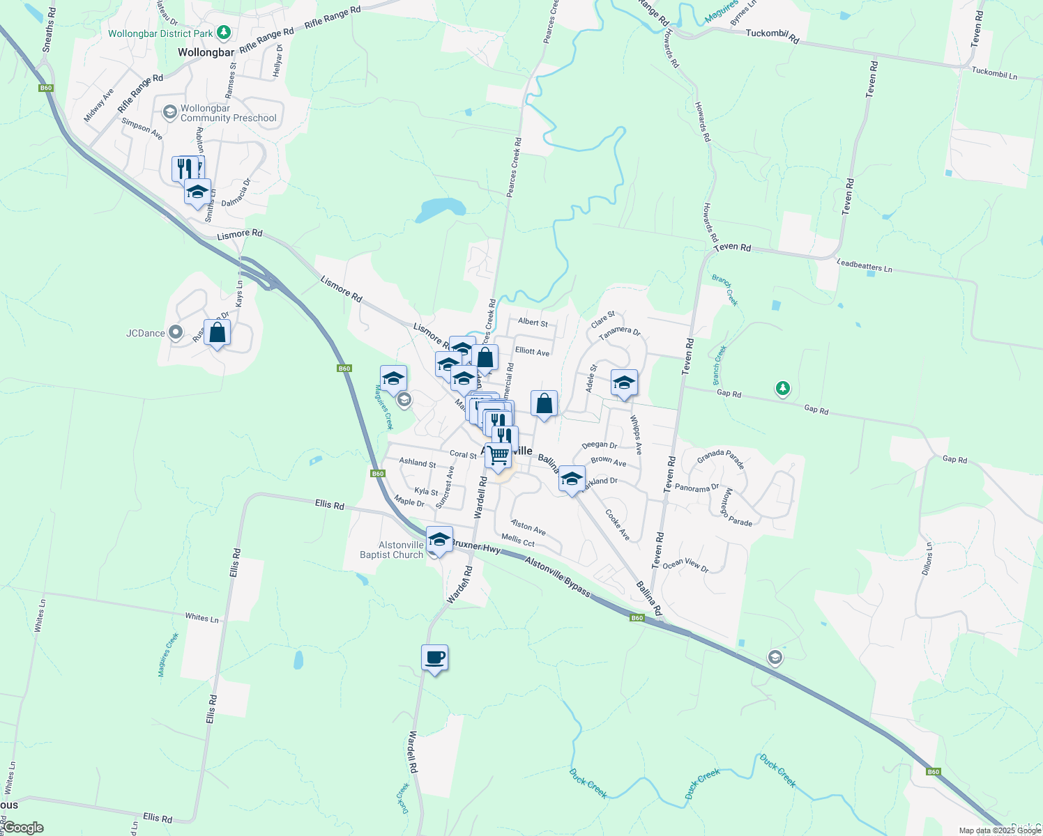 map of restaurants, bars, coffee shops, grocery stores, and more near 13 South Street in Alstonville