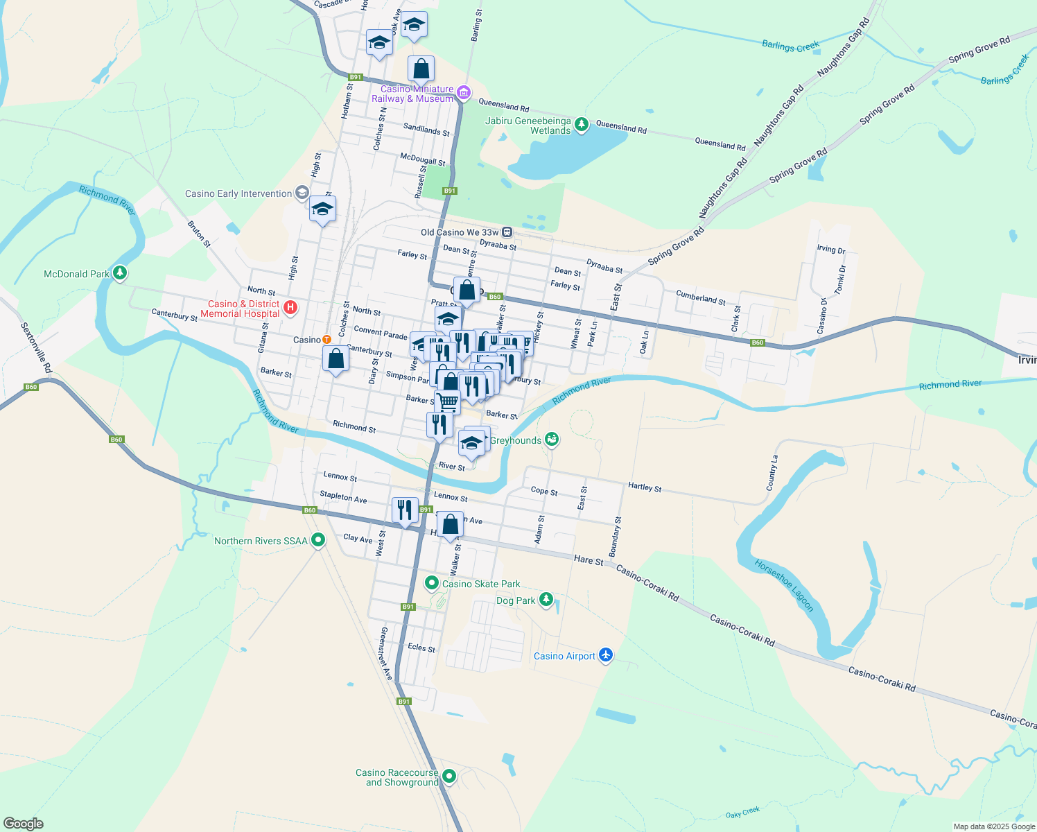 map of restaurants, bars, coffee shops, grocery stores, and more near Hickey Street in Casino