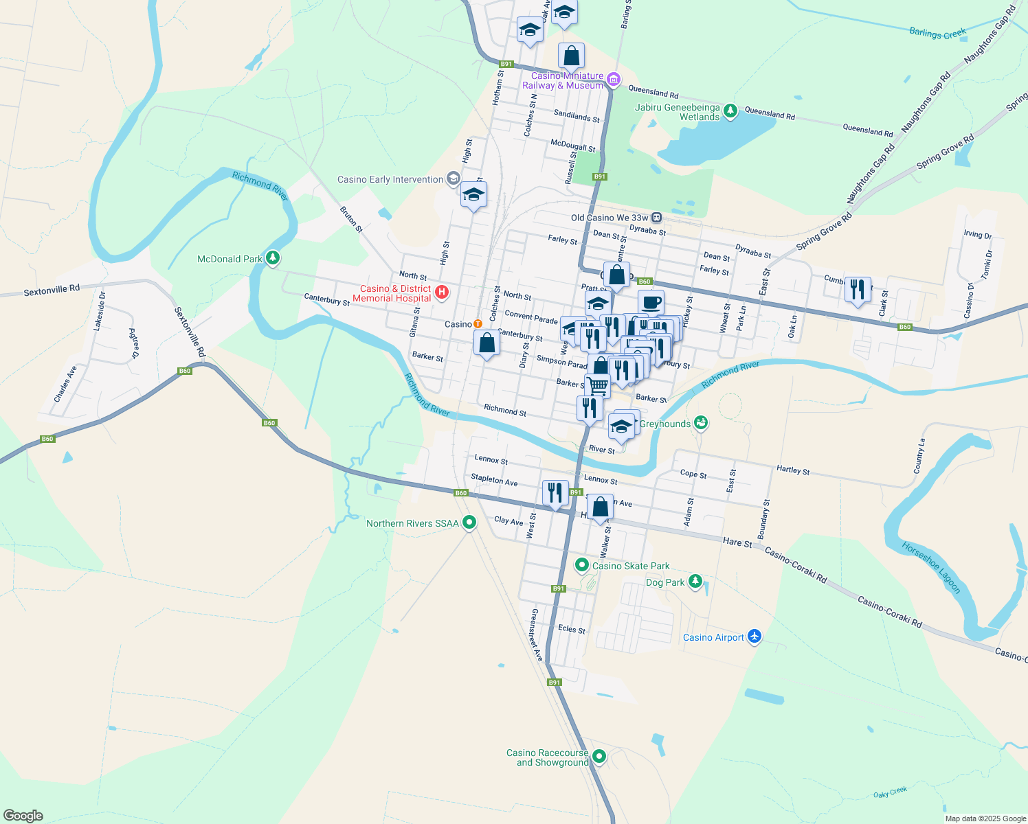 map of restaurants, bars, coffee shops, grocery stores, and more near Richmond Street in Casino